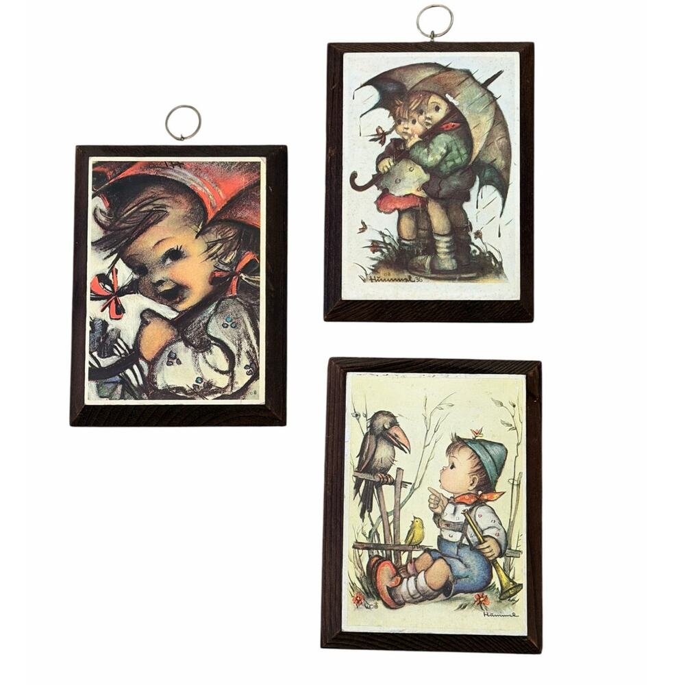 VINTAGE Set of Three Hummel Prints on Wood Plaque Art Wall Decor 6.5" x 5"
